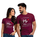 Maroon cotton couple T-shirts with Mr and Mrs graphic design