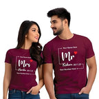 Maroon cotton couple T-shirts with Mr and Mrs graphic design
