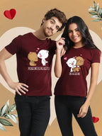 Maroon cotton couple T-shirts with Perfect Pair cartoon graphics