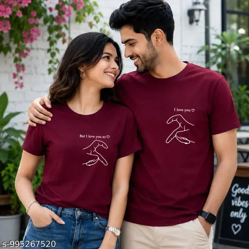 Maroon cotton couple T-shirts with matching pinky promise hand graphics